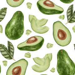 A seamless watercolor pattern featuring hand-drawn avocados, sliced ​​and diced, and leaves. Perfect for retail, packaging, menus, branding, textiles, wrapping paper, and organic product design