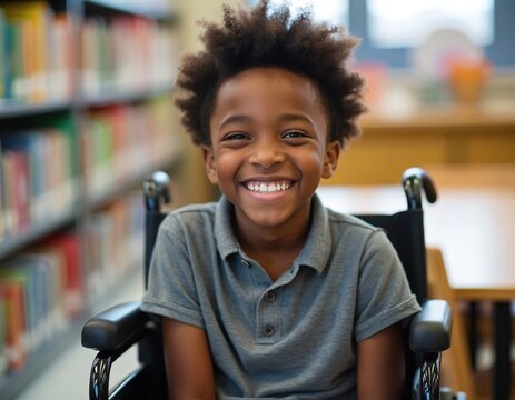 Happy young African American boy with curly hair smiles brightly. Sits in wheelchair in school library setting. Child embraces inclusive education, enjoying positive learning environment, getting