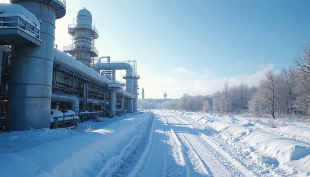 Illustration of winter industrial landscape. Snow covers gas pipes and processing plant. Infrastructure extends into the distance. Blue sky contrasts with the cold setting. It is a natural gas plant.