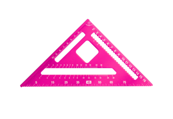Pink triangle ruler with geometric cutouts isolated on transparent background