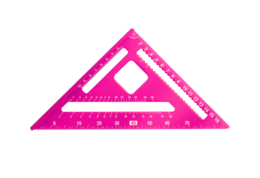 Pink triangle ruler with geometric cutouts isolated on transparent background
