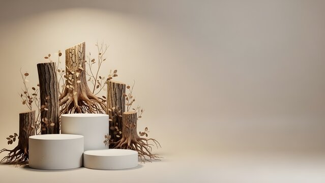 Rustic Forest Floor Display with Natural Elements and Pedestals for Product Presentation