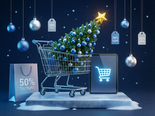 Festive Online Shopping Spree: A whimsical holiday scene presents an embellished Christmas tree set in a shopping cart, symbolizing online retail and seasonal discounts.