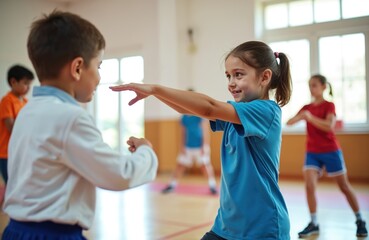 Girl and boy practice martial arts in gym class. Children train self defense moves, focus on sparring. Youngsters learn karate, taekwondo techniques. Healthy activity.