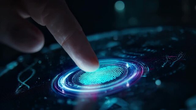 Futuristic biometric fingerprint scanner with human finger touching digital interface for identity verification and cyber security access control