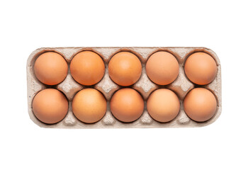 Carton of ten brown eggs isolated on transparent background