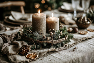 Second Advent Sunday &ndash; Two Candles Lit in Traditional Christmas Wreath with Citrus and Pinecones. AI generative.