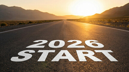 New Beginning: A vast, open road stretches towards a promising horizon, with 2026 START boldly emblazoned upon the asphalt, symbolizing new beginnings, ambition, and the journey ahead.
