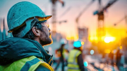 Construction workers at building site with cranes at sunset