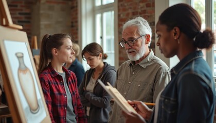 Senior teacher explains drawing technique to diverse student group in art class. People learn art from experienced artist at workshop, improve creative skills. Vase painting on canvas on foreground.
