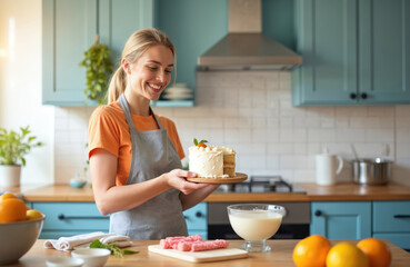 Young woman smiles holding homemade cake in kitchen. Female baker enjoys cooking. Dessert stands on table with oranges. Homemade bakery concept. Sweet food for home party.