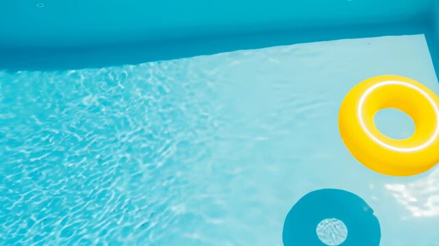 Yellow inflatable ring floating in clear blue swimming pool water
