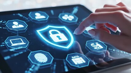 Hand touching a digital tablet screen with glowing shield and padlock icon, representing cybersecurity - Powered by Adobe