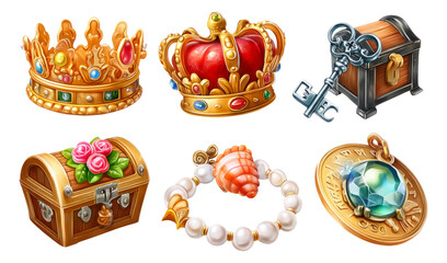 Iconic Treasure Collection: Crown, Key, Chest, Jewelry, Shell, Gem on Transparent Background