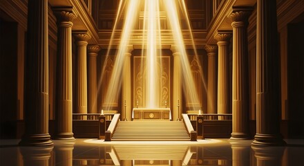 Golden light illuminating a grand hall with columns and staircase