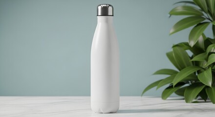 White reusable water bottle with silver cap on white countertop with green plant