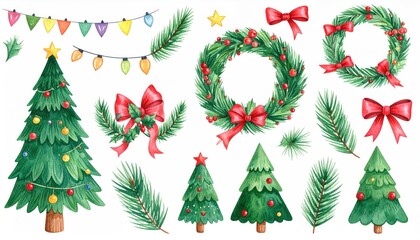 Watercolor Christmas Decorations Set - Festive Holiday Elements.