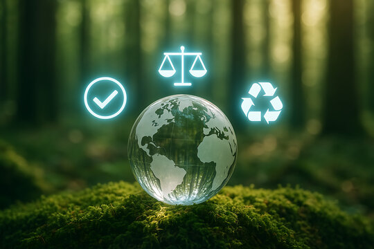 A glass globe showing earth map sitting on moss in a deep green forest with three glowing cyan icons representing checkmark justice and recycling concept of global environmental law and sustainability
