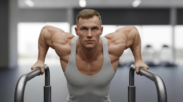 Man performing parallel bar dips exercise in a gym setting