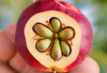 Seed Flower close-up of a fruit with its top sliced off, revealing a beautiful, symmetrical seed arrangement. 