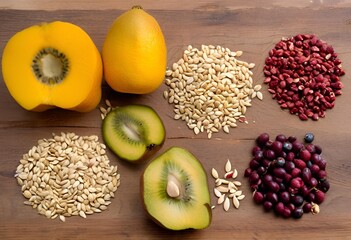 Healthy Assortment top-down view of a balanced and nutritious selection of fresh fruits, seeds, and berries. 