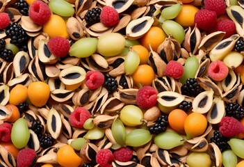 Harvest Abundance delightful and rich overhead view of a varied mix of colorful fruits, berries, and seeds.
