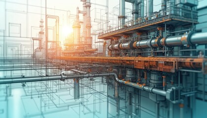 Complex industrial factory structure shown as engineering blueprint, detailed schematic. Tech design represents modern manufacturing plant with pipes, lines, machinery for production, automation