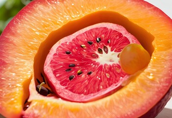 detailed, vibrant close-up showing a pink citrus slice nestled inside a larger orange fruit. 
