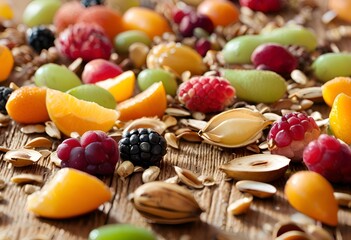 Rustic Spread close-up, warm-toned view of an assorted mix of fresh fruits and nuts on a wooden surface. 