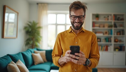 Man uses a smartphone at home. Guy checks social media on mobile device in room. Person texts online with happy smile. Male in glasses stands indoors holding phone.