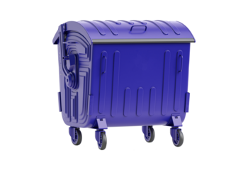Blue industrial waste bin with wheels isolated on transparent background