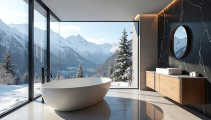 Fototapeta premium Modern bathroom features freestanding tub before expansive snowy mountain landscape visible through large window. Minimalist interior design with clean lines wooden vanity and stone wall.