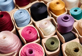 Colorful Yarn overhead, close-up view of a vibrant array of colorful thread spools nestled in small wooden containers.
