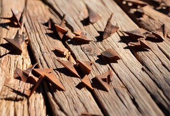 Rusty Stars close-up of small, rusted metal star-shaped objects scattered on weathered, sunlit wooden planks. 