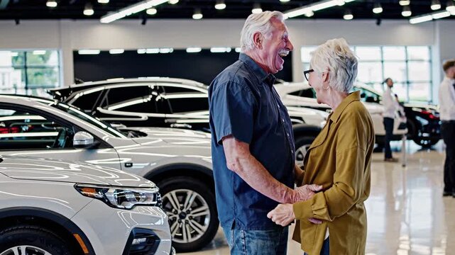Elderly couple happily embracing their new car purchase in modern car dealership