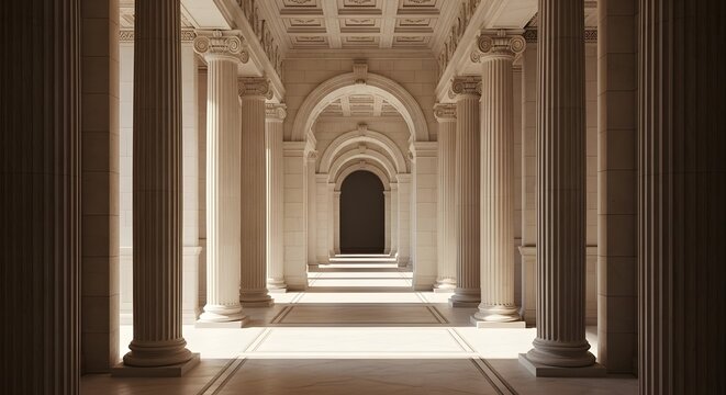 Elegant hallway with arches and columns in a classic style architecture