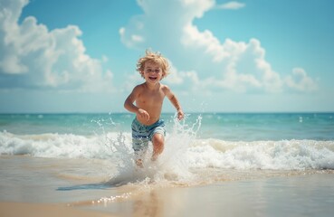 Joyful blond boy runs through sea waves on sunny summer beach. Kid laughs splashing water, feeling carefree on vacation. Active child plays by ocean shore.
