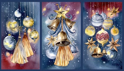 Festive Christmas Ornament Trio - Golden Bells and Baubles.