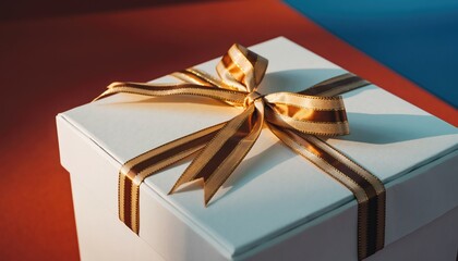Elegant white gift box with a golden ribbon bow on a red surface.