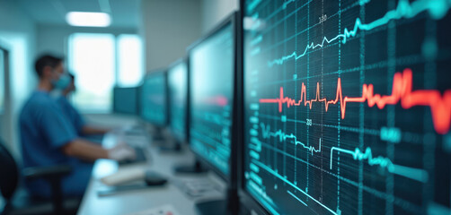 Medical staff monitor patient vital signs on screen. Heart rate, blood pressure, oxygen level displays shown. Modern tech in health care. Doctors work at hospital, tracking data. Monitors display