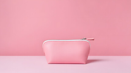 vanity. Cosmetic bag placed elegantly against a pink background, product showcase, clean and simple composition. lifestyle magazines.