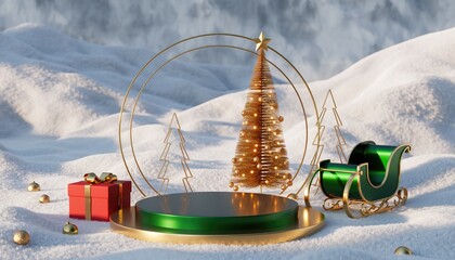 Festive Christmas scene with golden tree, sleigh, and gifts in snow.