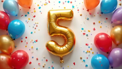 Golden number 5 balloon and colorful party balloons with confetti fill white background. Festive decor for fifth birthday or anniversary celebration event.