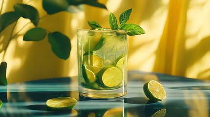 Refreshing lime mojito cocktail recipe with mint leaves for summer party and drink photography ideas