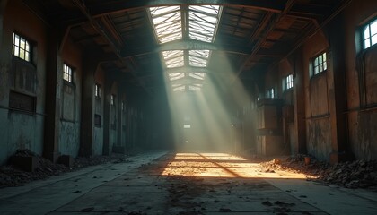 Fototapeta premium Long shot view inside old ruined warehouse. Light shines from roof window. Grunge interior, dark dirty decayed building. Factory illustration, abandoned location. Empty industrial space. Demolition