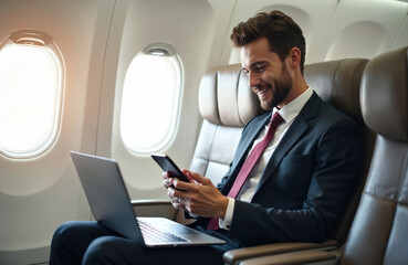 Fototapeta premium Elegant man in suit uses phone on plane near laptop. He smiles and texts a message. Business traveller browse the internet during fly in airplane cabin.