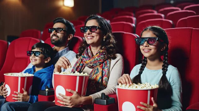 Excited indian family with 3d glasses enjoying a thrilling movie at the cinema with popcorn