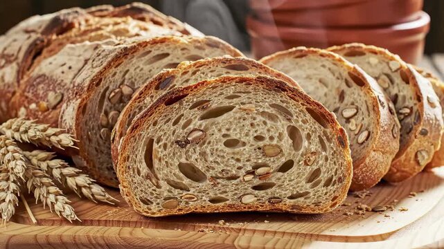 Closeup of rustic whole grain bread slices with seeds and wheat ears on a wooden cutting board