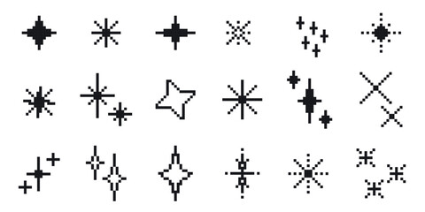 Set black pixel sparks, stars, shimmer, particles. Monochrome pixel gaming graphic elements. Retro style. Stars bit icons clipart. Vector elements