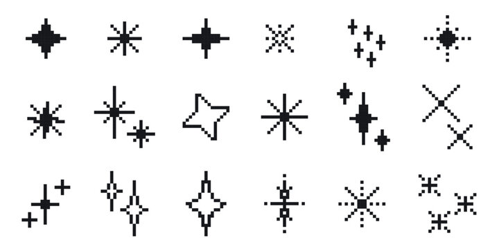 Set black pixel sparks, stars, shimmer, particles. Monochrome pixel gaming graphic elements. Retro style. Stars bit icons clipart. Vector elements